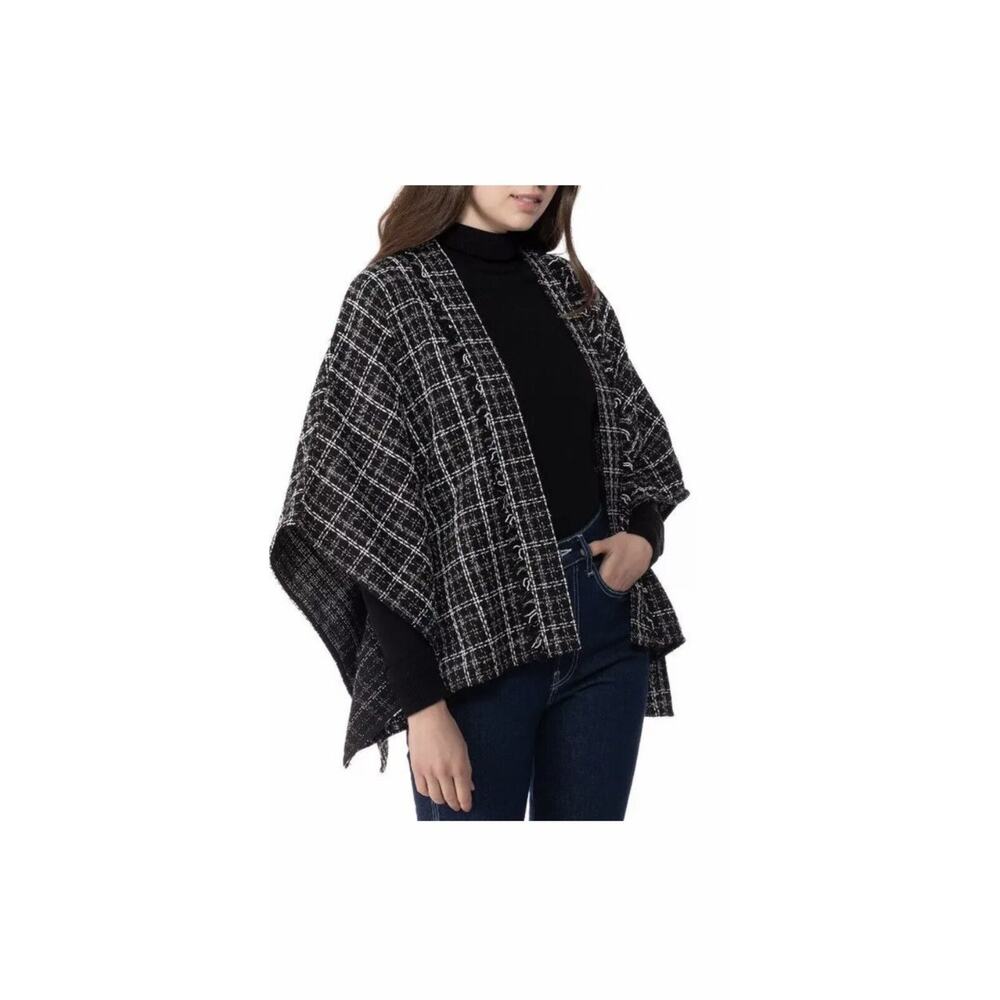 NWT INC two-tone tweed women's ruana poncho topper -BLACK -‎ One Size